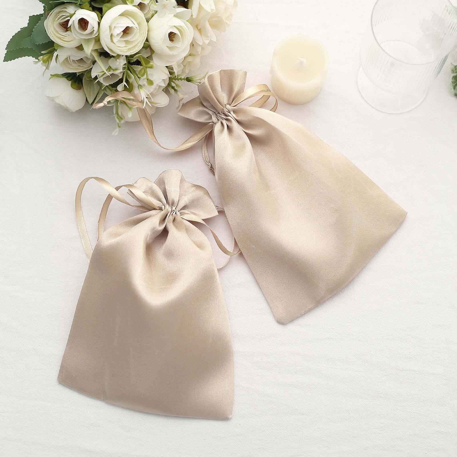 12 Pack 6"x9" Beige Satin Drawstring Wedding Party Favor Gift Bags