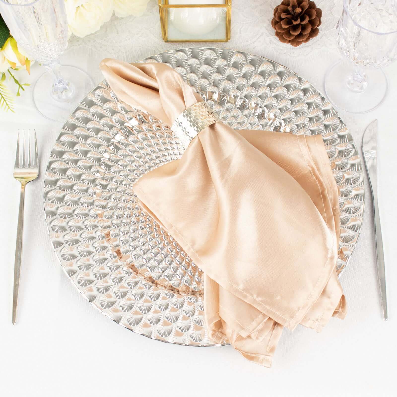 6-Pack Plastic Round Charger Plates 13" in Silver with Peacock Pattern, Exquisite Decorative Dinner Party Charger Tableware