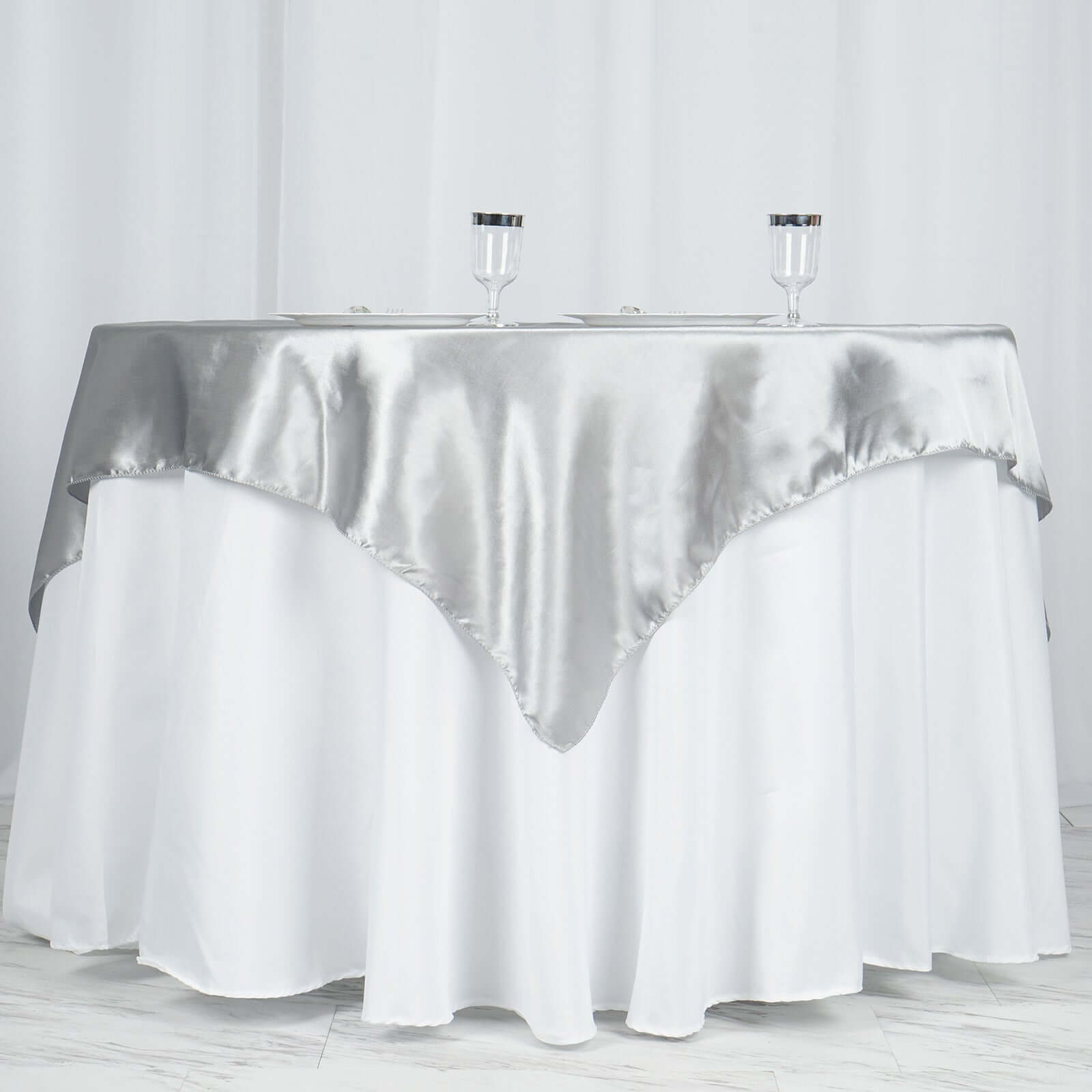 Satin 60"x60" Table Overlay Square Tablecloth Silver - Smooth Silky Touch Table Cover