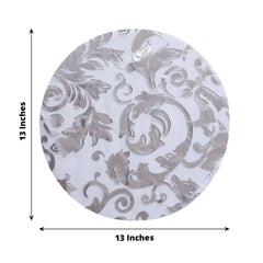 10-Pack Table Placemats Swirl Foil Floral Design Metallic Silver Round - Sheer Organza Disposable Mats 13"