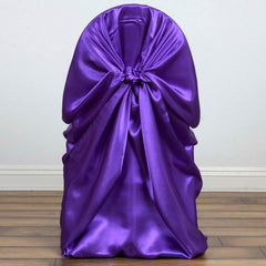 Satin Chair Cover Self-Tie Universal Design Purple - Durable Slip-On Cover for Folding, Dining, Banquet & Standard Chairs