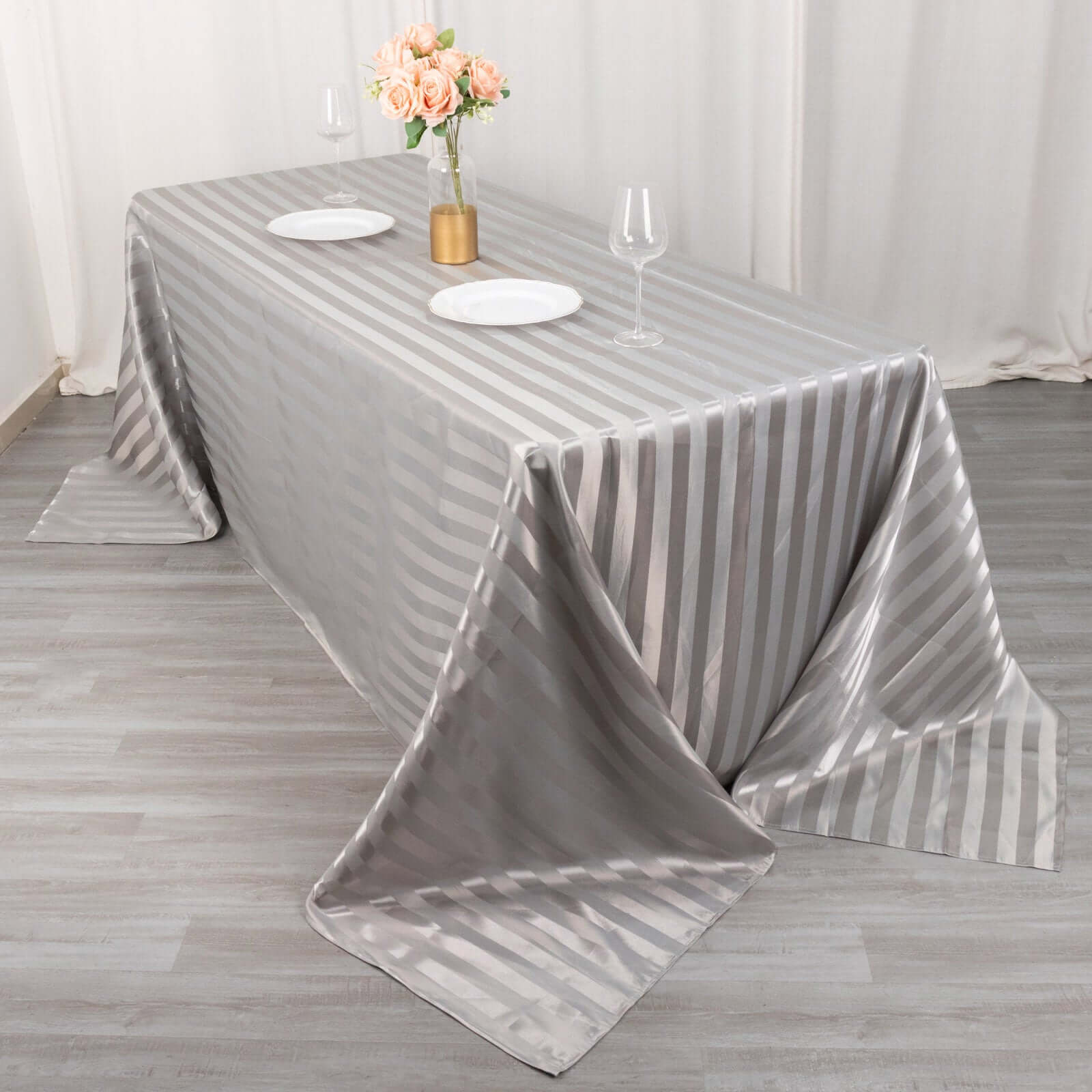 Satin Striped 90"x132" Rectangular Tablecloth Silver - Seamless Silky Smooth Table Cover