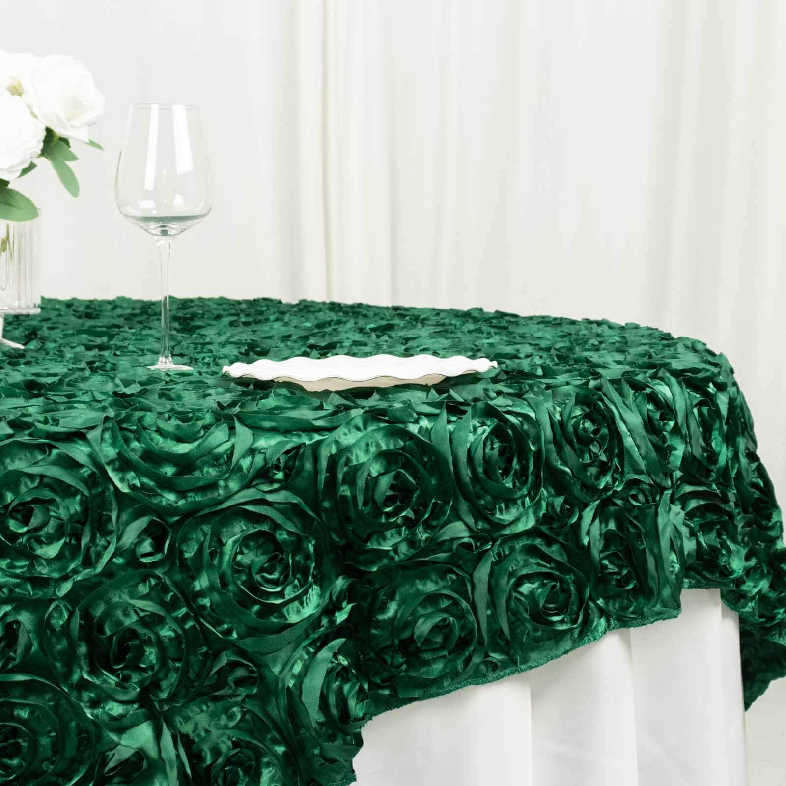 Satin 72"x72" Table Overlay Square Tablecloth Hunter Emerald Green - 3D Rosette Table Cover