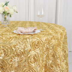 Satin 120" Round Tablecloth Champagne - Grandiose 3D Rosette with Seamless Finish Table Cover