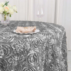 Satin 120" Round Tablecloth Silver - Grandiose 3D Rosette Design with Seamless Finish for Luxe Events