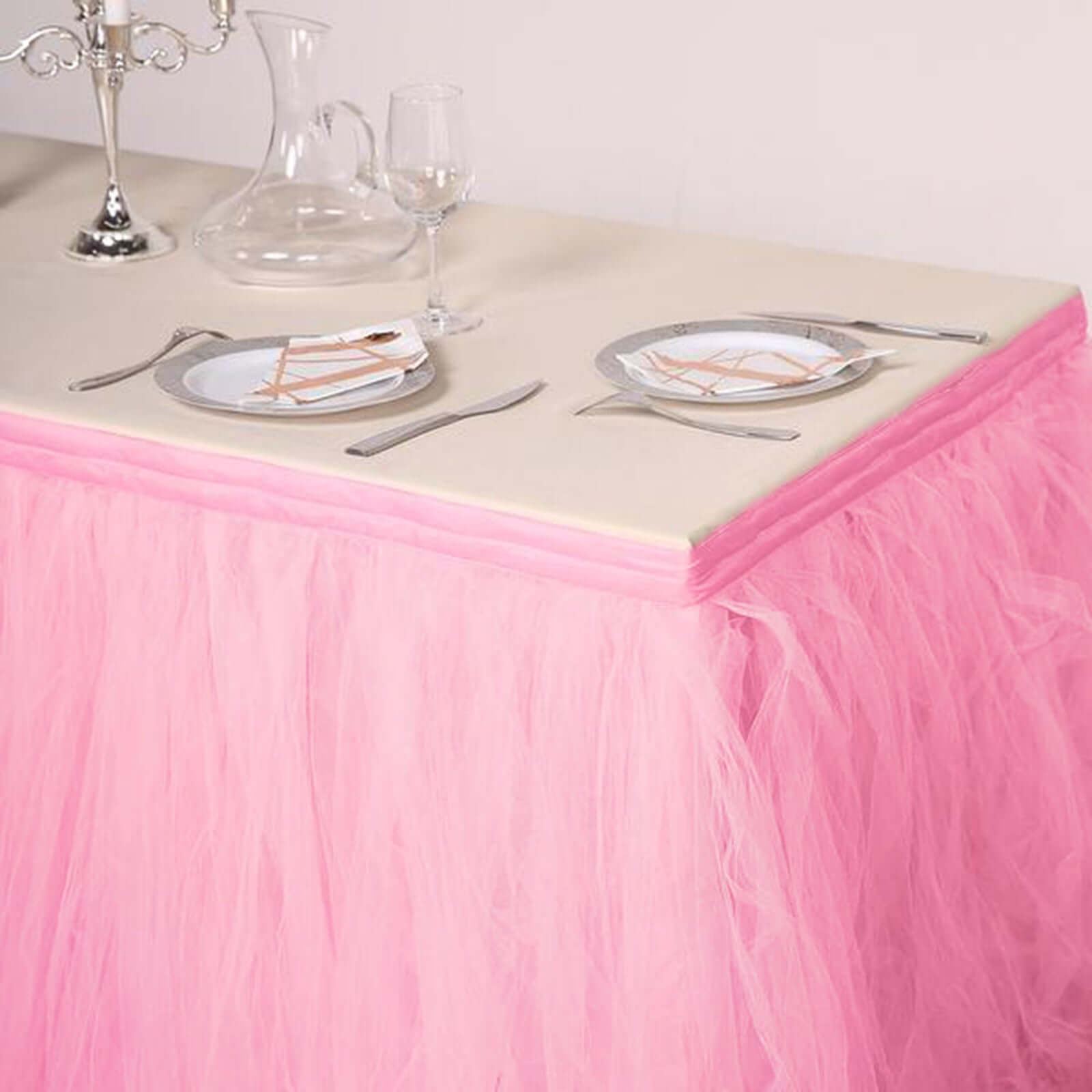 Tulle 17ft Table Skirt Pink/Rose Quartz - 4 Layer Pleated Tutu Table Cover