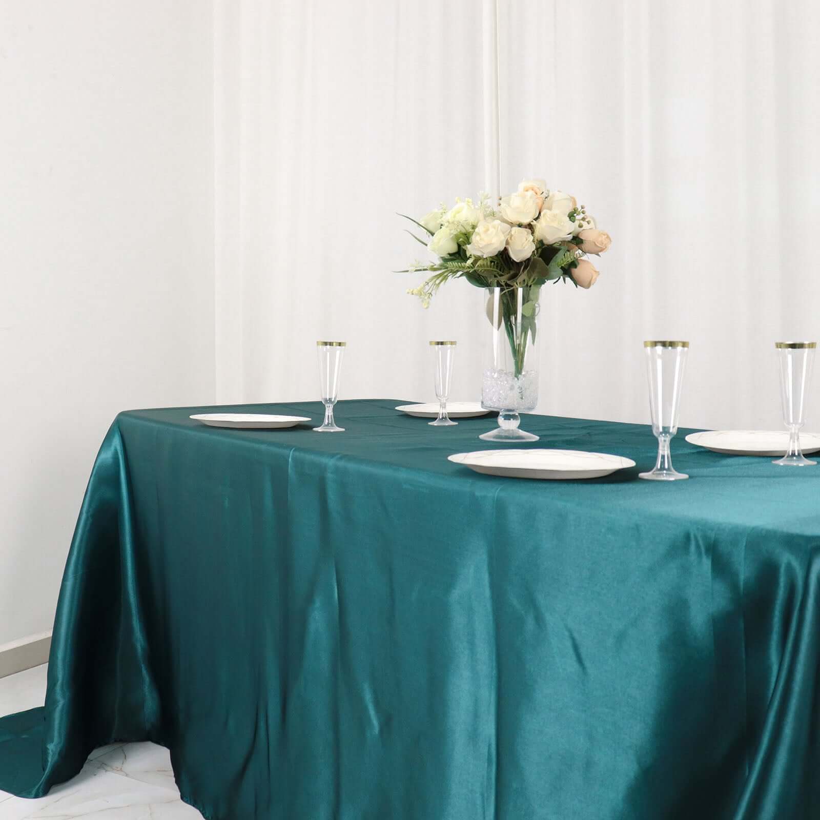 Satin Rectangular 90"x132" Tablecloth Peacock Teal - Seamless Table Cover