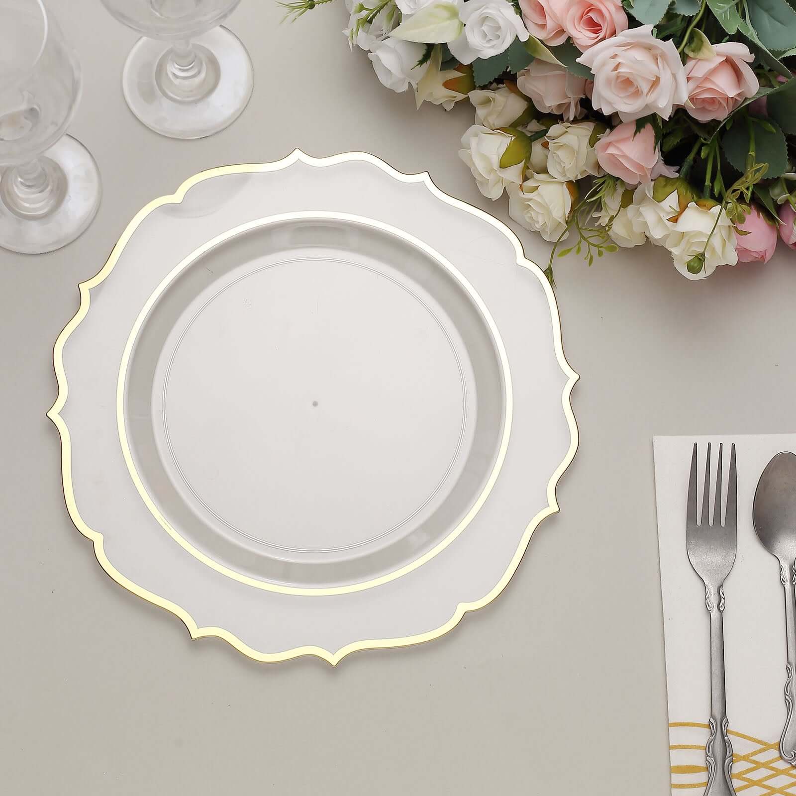 10-Pack Plastic 10" Round Dinner Plates in Clear with Gold Scalloped Rim - Disposable Party Plates