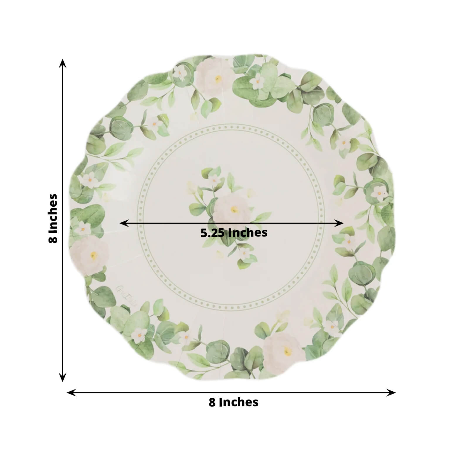 25-Pack Paper 8" Round Dessert Plates in White with Floral Greenery & Scalloped Edges - Disposable Appetizer Salad Plates for Rustic Weddings & Garden Brunches