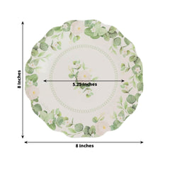 25-Pack Paper 8" Round Dessert Plates in White with Floral Greenery & Scalloped Edges - Disposable Appetizer Salad Plates for Rustic Weddings & Garden Brunches