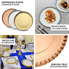 10-Pack Paper 13" Round Charger Plates in Silver with Scalloped Rims - Heavy Duty Disposable 1100GSM Serving Trays for Glam Events & Wedding Receptions