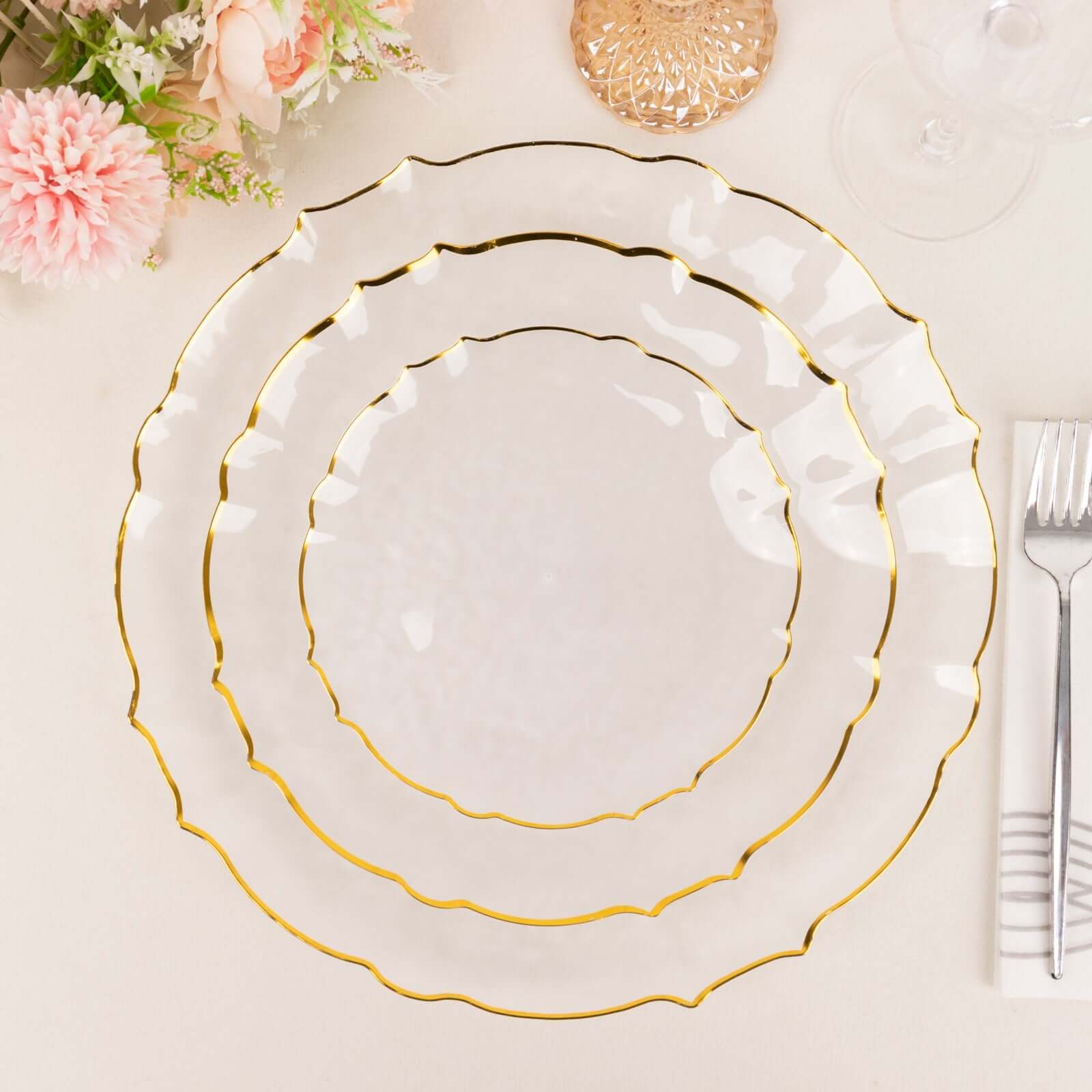 10-Pack Plastic 10" Round Dinner Plates in Clear Sunflower with Gold Scalloped Rim - Disposable Party Plates for Classy Events & Banquets