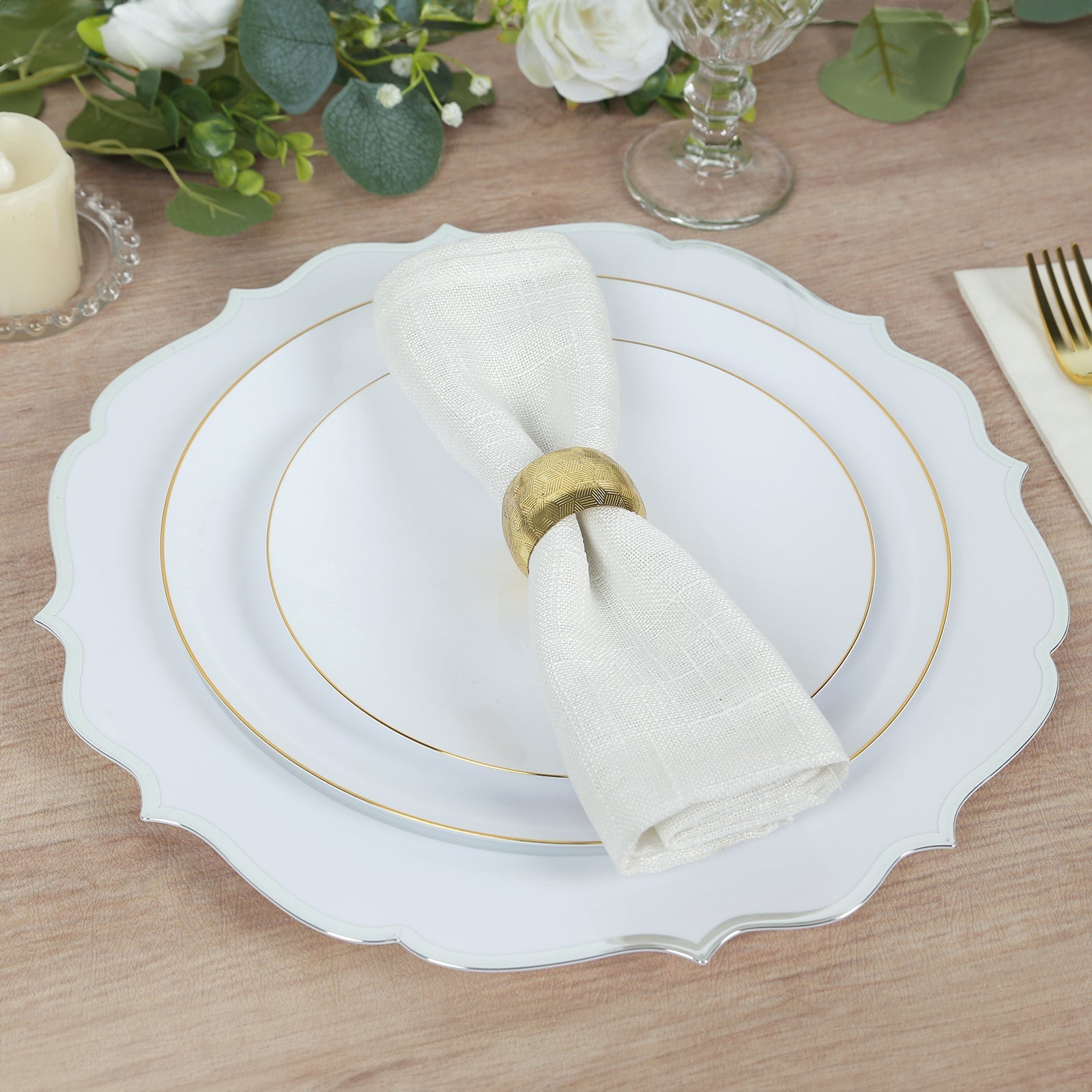 10-Pack Economy Plastic Round Charger Plates 13" in White with Silver Scalloped Rim, Decorative Dinner Party Serving Plates