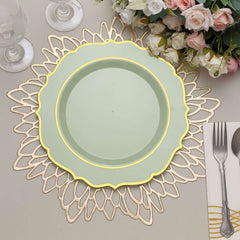 10-Pack Plastic 10" Round Dinner Plates in Sage Green with Gold Scalloped Rim - Disposable Party Plates