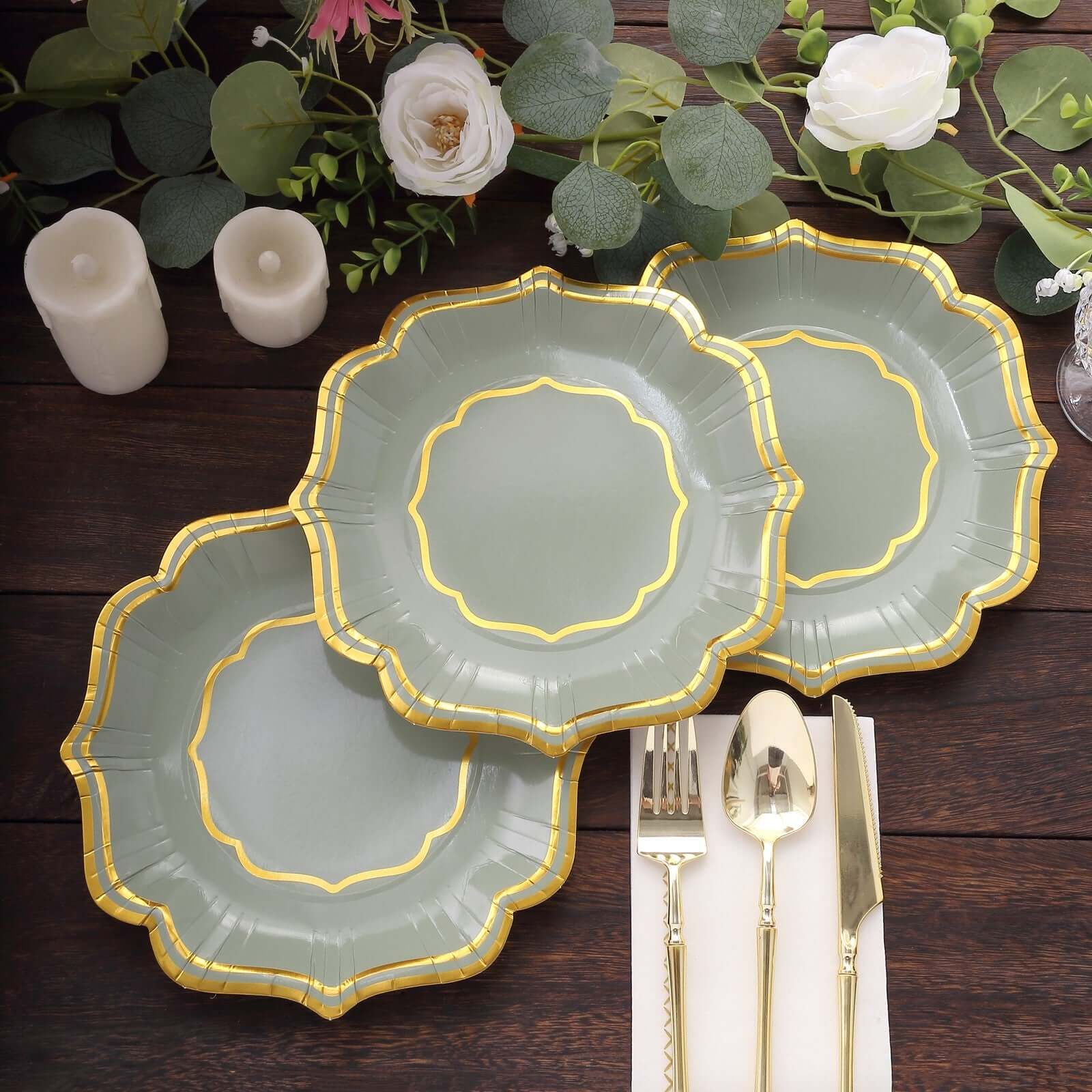 25-Pack Paper Dessert Plates in Sage Green with Gold Scallop Rim - Disposable 300GSM Appetizer Salad Plates 8"