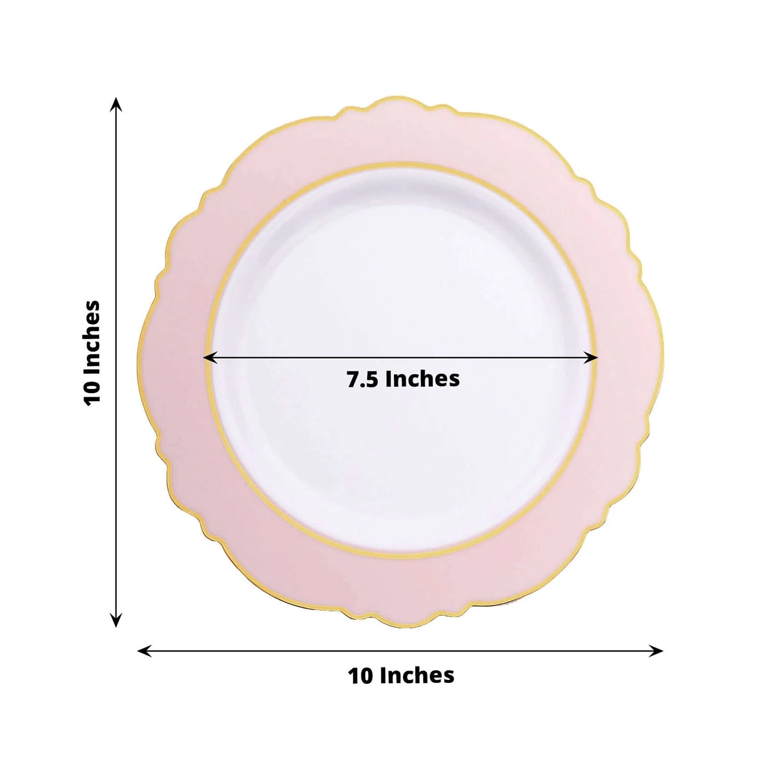 10-Pack Plastic 10" Round Dinner Plates in White with Blush Blossom Design & Gold Edging - Disposable Party Plates