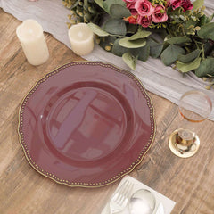 10-Pack Plastic 10" Dinner Plates in Cinnamon Rose with Gold Scalloped Rim - Disposable Large Party Plates