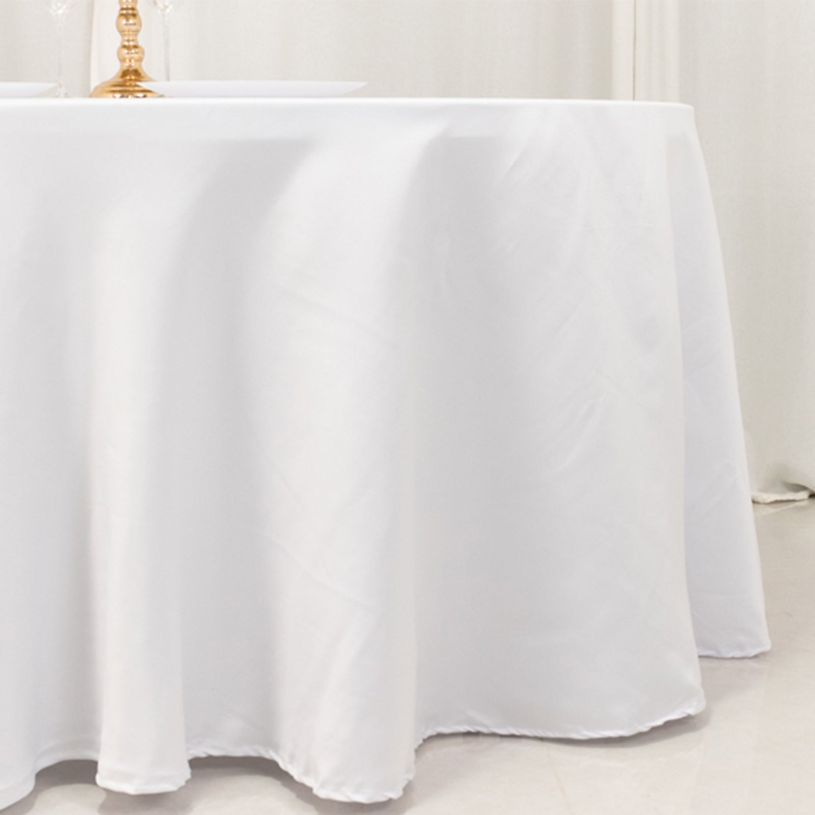 Lamour Satin 120" Round Tablecloth White - Seamless Table Cover with Soft Tempered Sheen for Upscale Gatherings