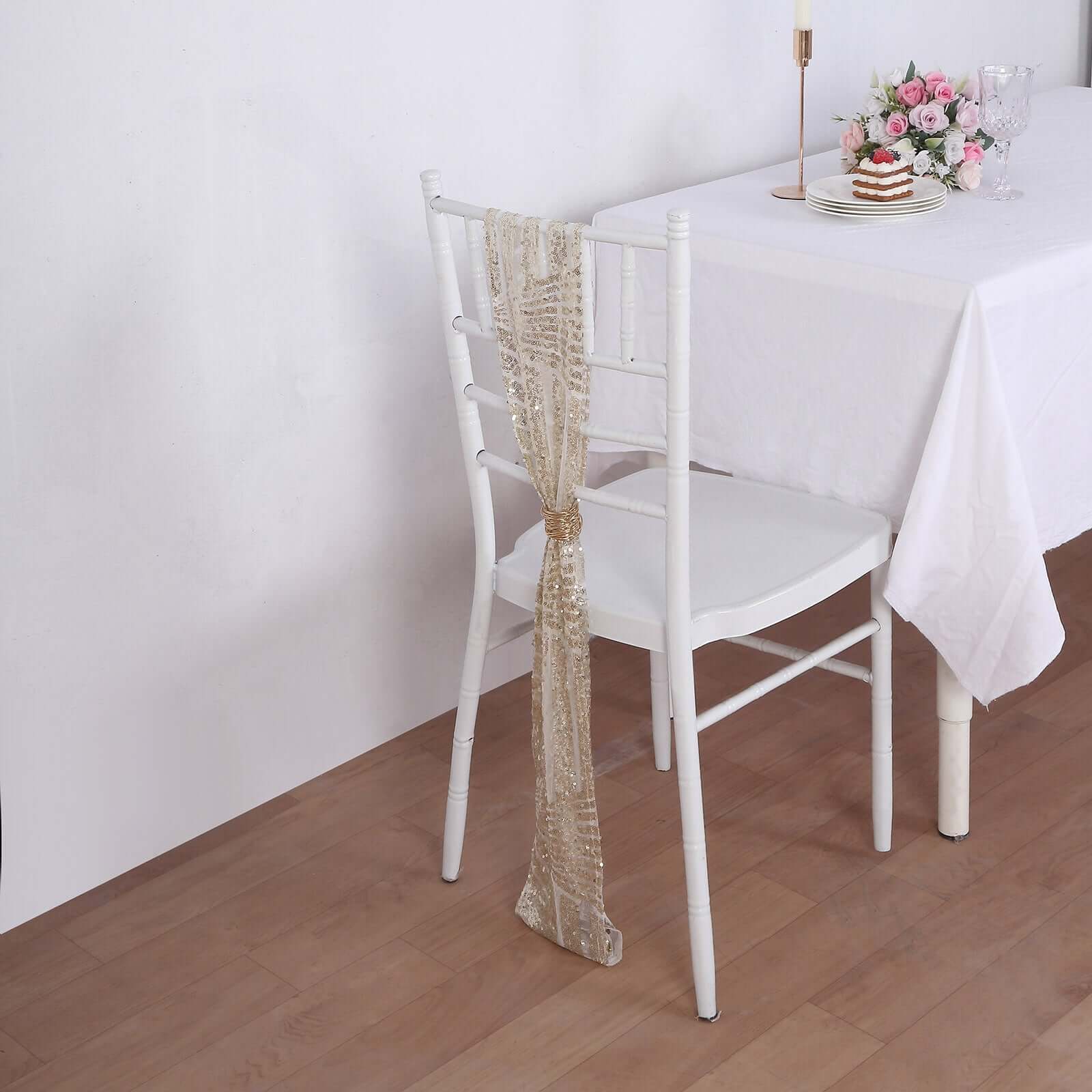 5 Pack Glitz Sequin Chair Sashes with Geometric Diamond Design 6"x88" Champagne