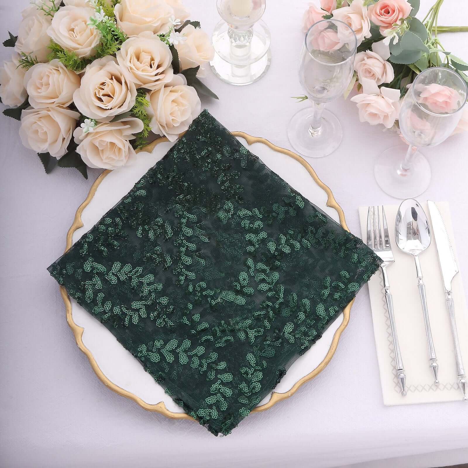 Sequin Tulle 20"x20" Napkin Hunter Emerald Green - Embroidered Leaf Vine Dinner Napkins