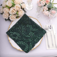 Sequin Tulle 20"x20" Napkin Hunter Emerald Green - Embroidered Leaf Vine Dinner Napkins