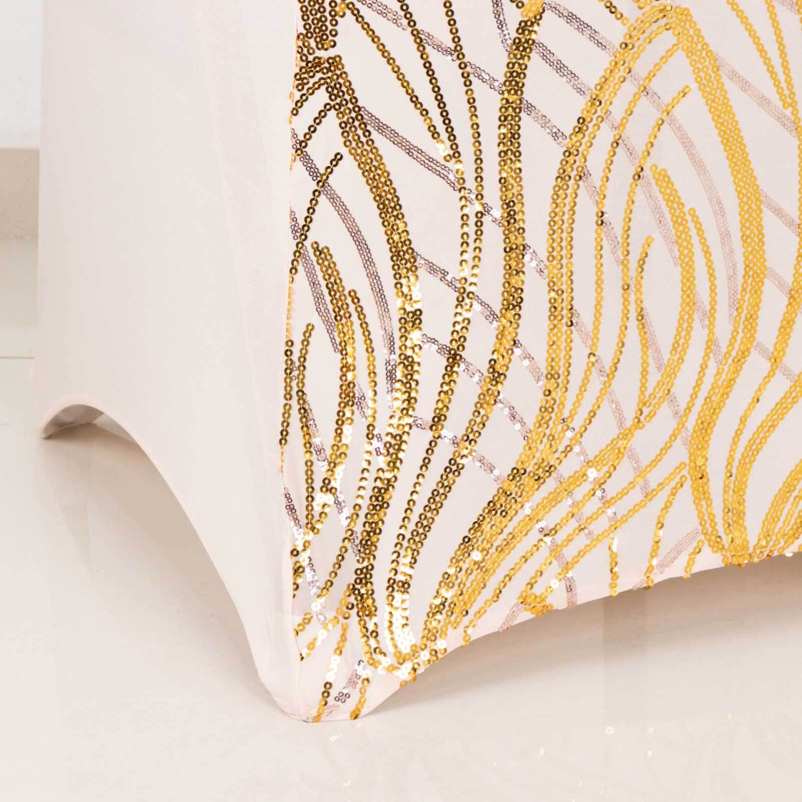 Spandex Chair Cover with Wave Embroidered Sequins for Banquet Chairs Rose Gold/Gold - Glittering Stretch Fitted Slipcover