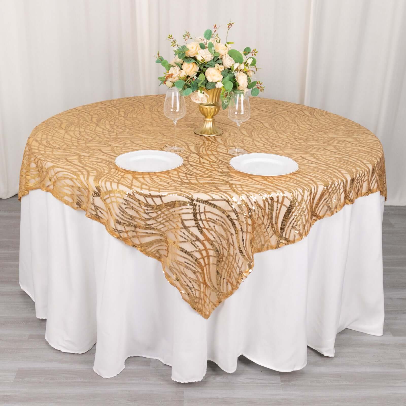 Mesh 72"x72" Table Overlay Square Tablecloth Gold Wave Design with Embroidered Sequins for Stylish Occasions