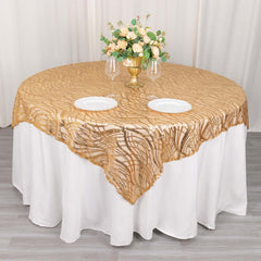 Mesh 72"x72" Table Overlay Square Tablecloth Gold Wave Design with Embroidered Sequins for Stylish Occasions