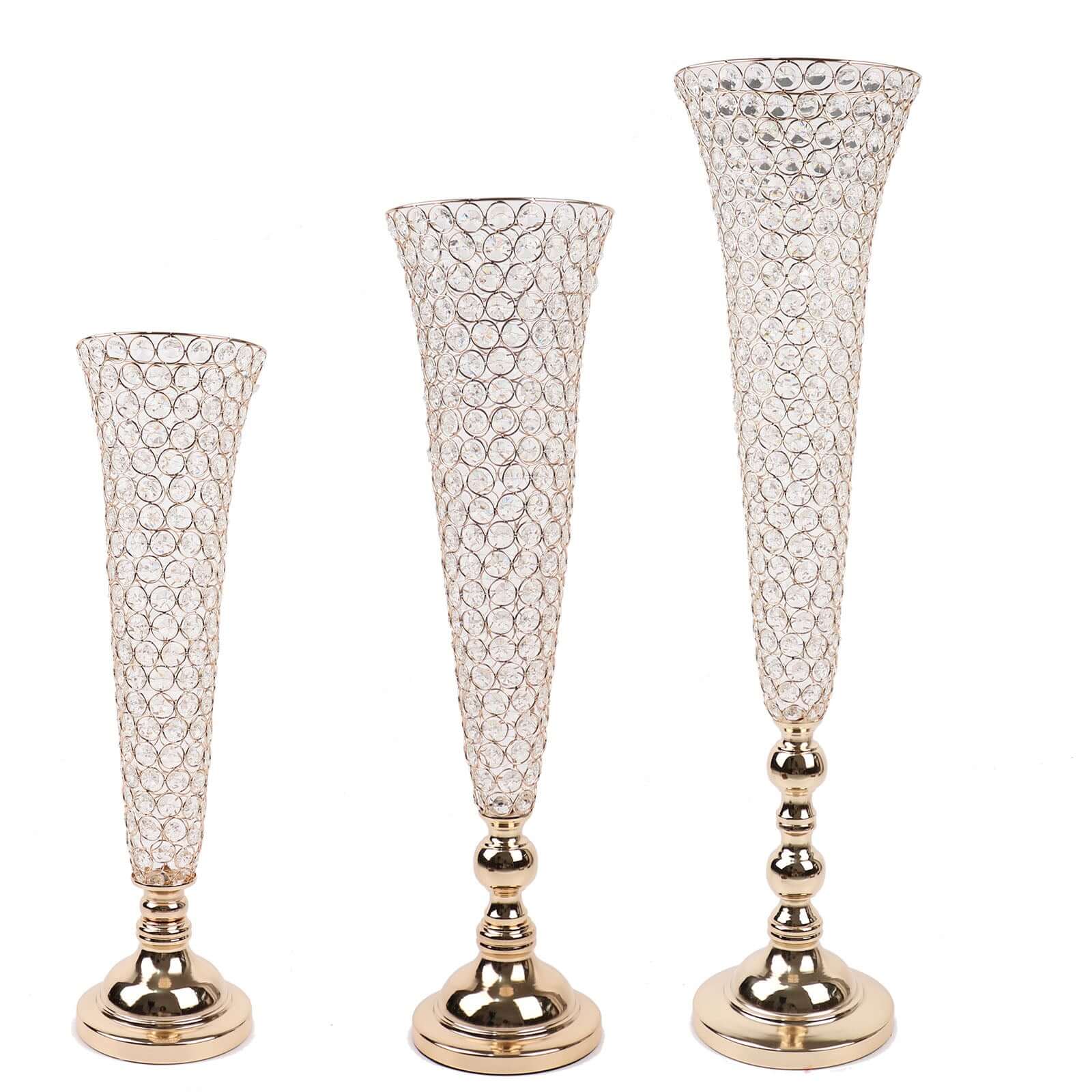 2-Pack Crystal Beaded Trumpet Vase Set Gold - Table Centerpiece for Grand Occasions 40"