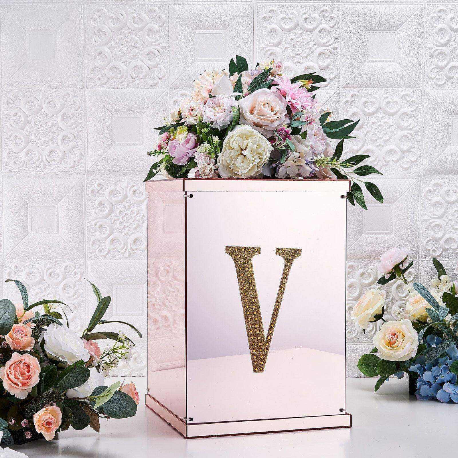 Decorative Rhinestone Alphabet "V" Letter Stickers, Glitter Adhesive Craft Letters Gold DIY Sparkle Embellishments 8"