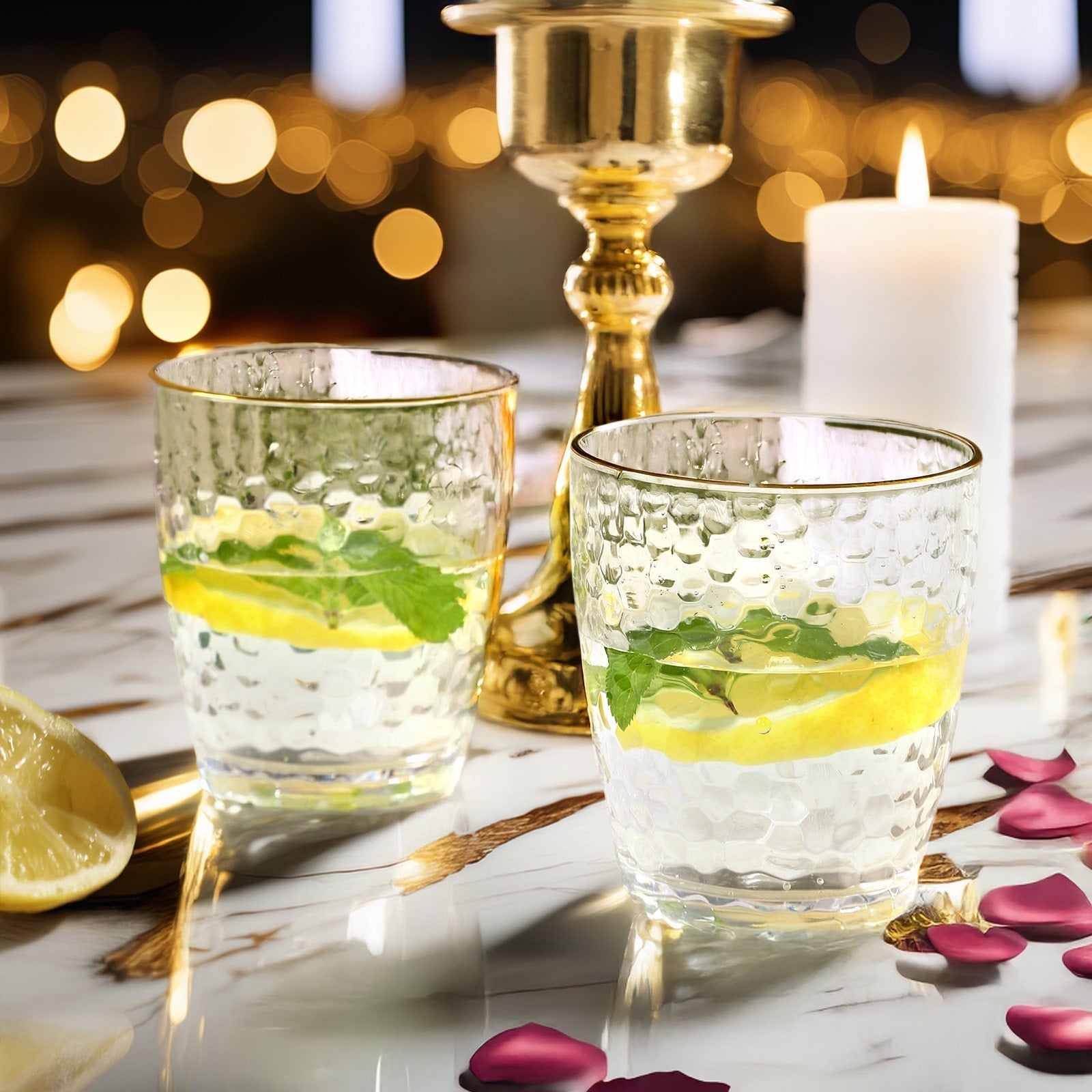 12-Pack Plastic Tumblers Reusable Hammered Cups 14oz – Clear with Gold Rim – Shatterproof Cocktail Drinkware