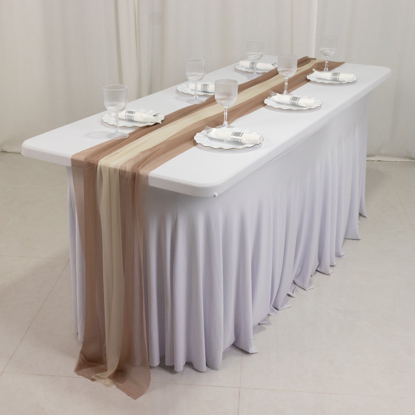 20-Pack 9ft Sheer Table Runners – Taupe/Beige Shimmer Sheer Drapes, Wrinkle-Free