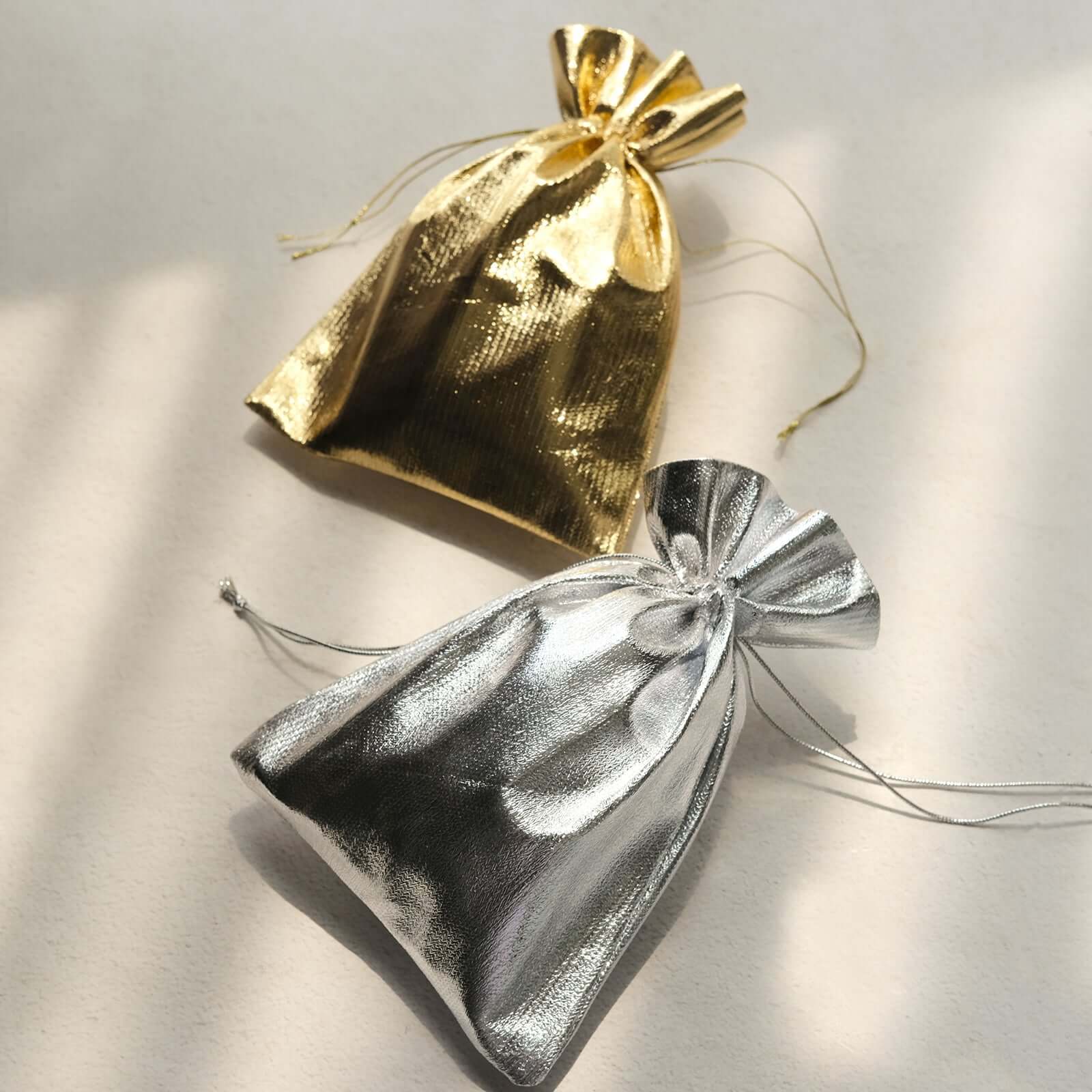 10 Pack Metallic Silver Lame Polyester 5"x7" Party Favor Gift Bags, Shiny Fabric Drawstring Candy Pouch