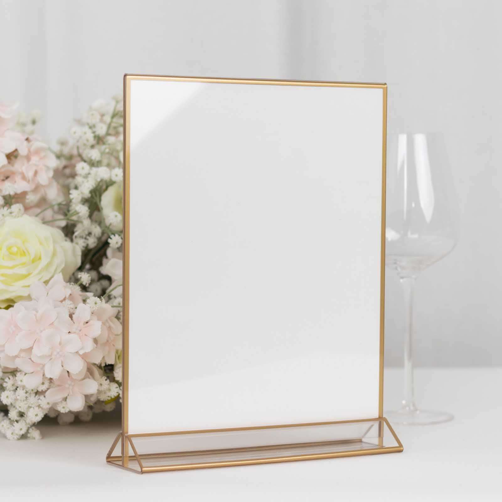 6-Pack Gold Acrylic Rectangular Frame Sign Holders Clear Double-Sided Display with White Cardboard - Suitable for Banquets 9"x11"