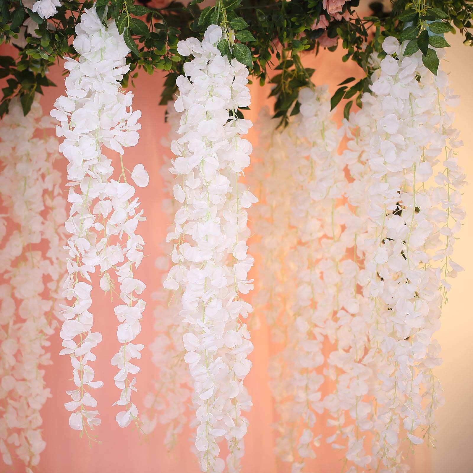 42" Silk Hanging Wisteria Flower Garland Vines in White, Elaborated 5 Full Strands in 1 Bush