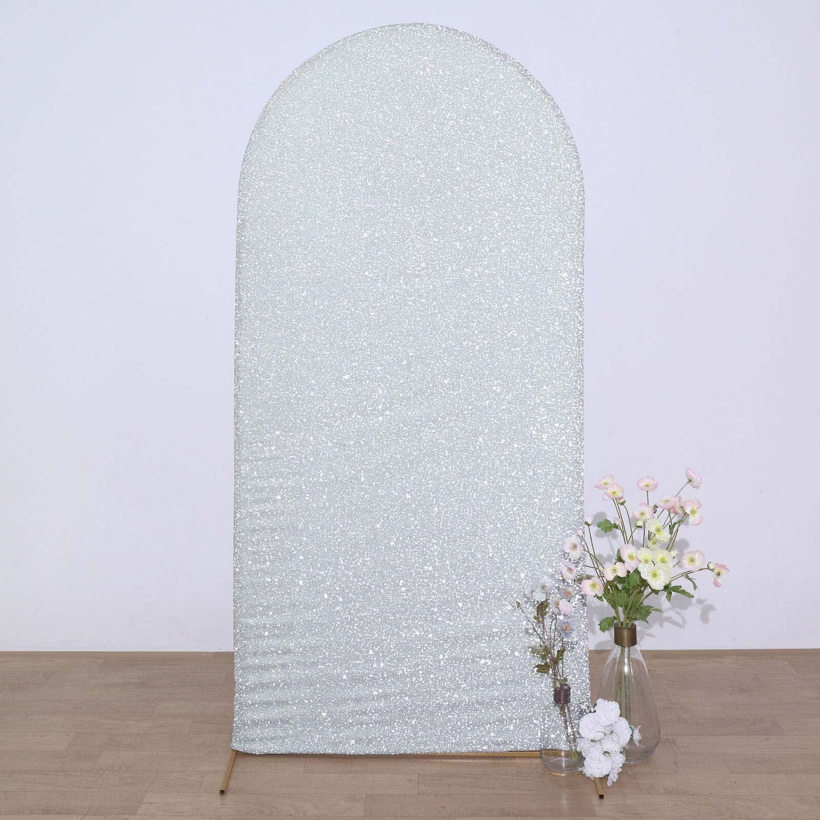 7ft Silver Shimmer Tinsel Spandex Chiara Backdrop Stand Cover For Fitted Round Top Wedding Arch