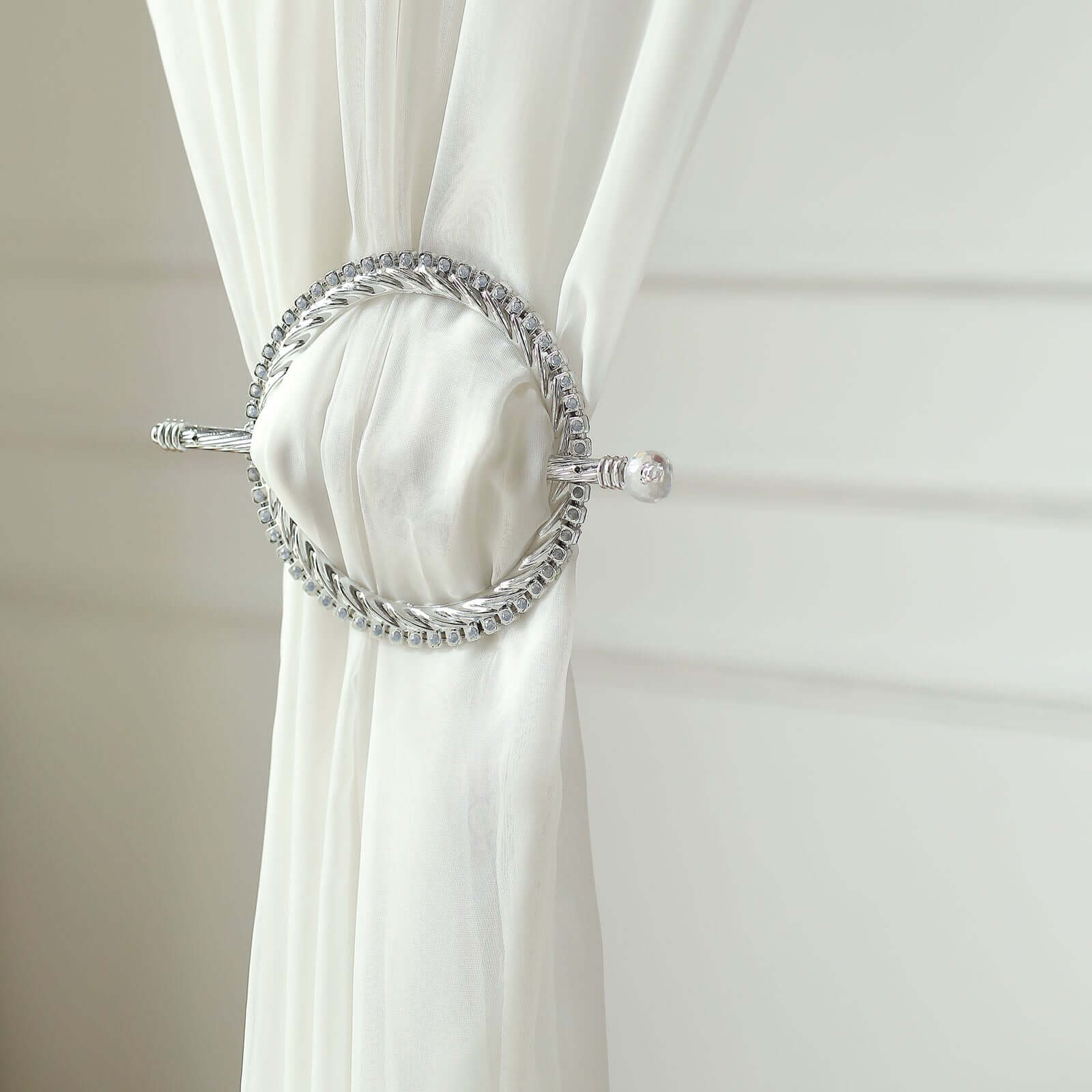 Set of 2 6" Silver Acrylic Braided Barrette Style Curtain Tie Backs With Crystal Diamond Studded Edge, Round Backdrop Drapery Brooch Holdbacks