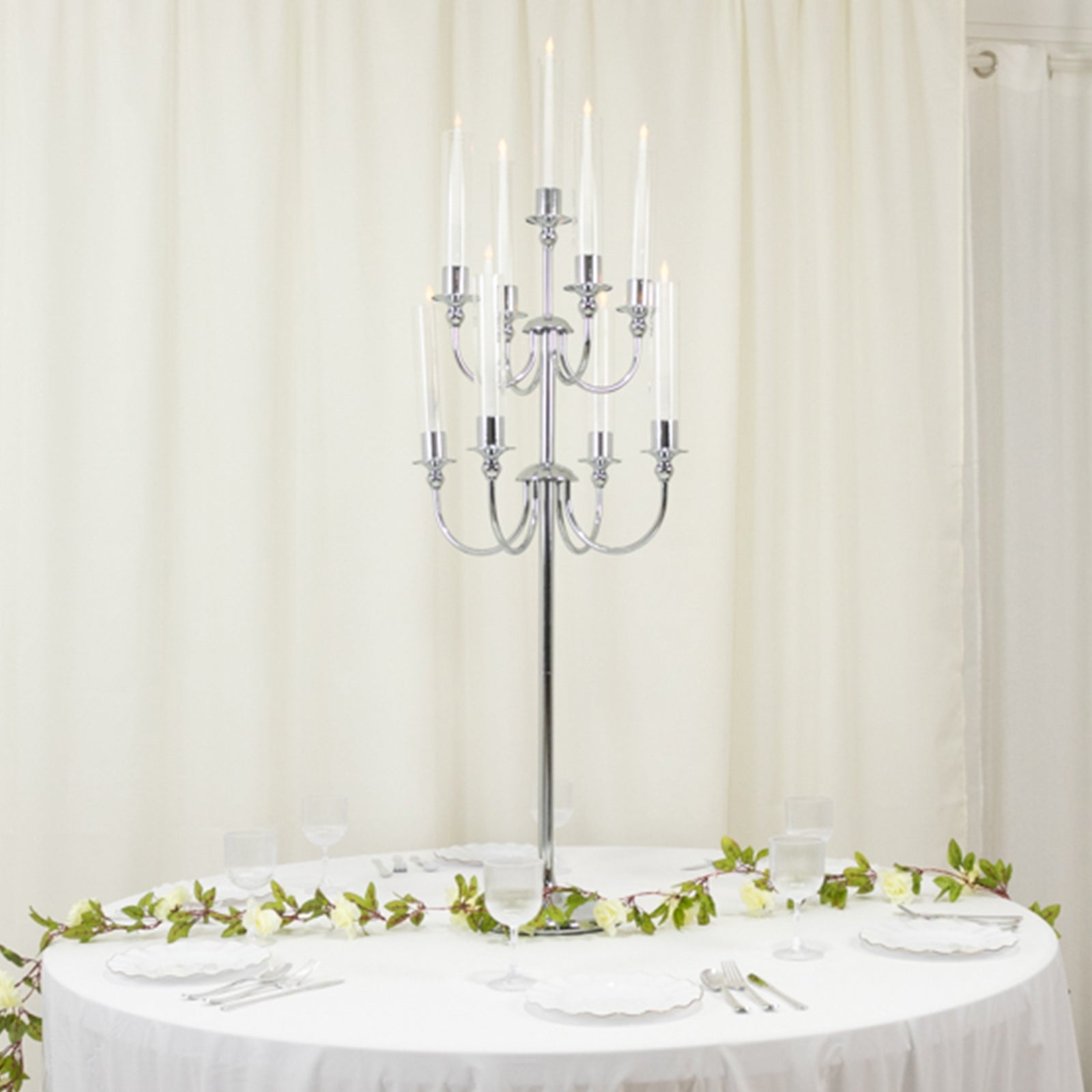 Metal Floor Candelabra Candle Holder, 9-Arm Vintage Taper Stand Silver Table Centerpiece for Weddings & Parties 46" Tall