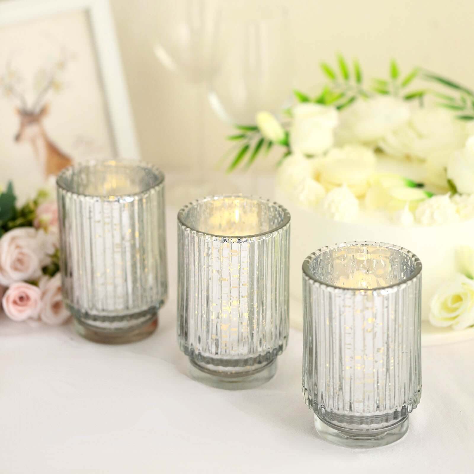 3-Pack Mercury Glass Hurricane Candle Holders Silver Wavy Column Design - Votive Pillar Vase 5"