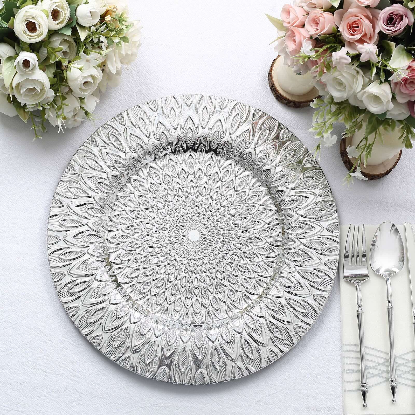 6-Pack Plastic Round Charger Plates 13" in Silver with Embossed Peacock Pattern, Stylish Disposable Charger Tableware