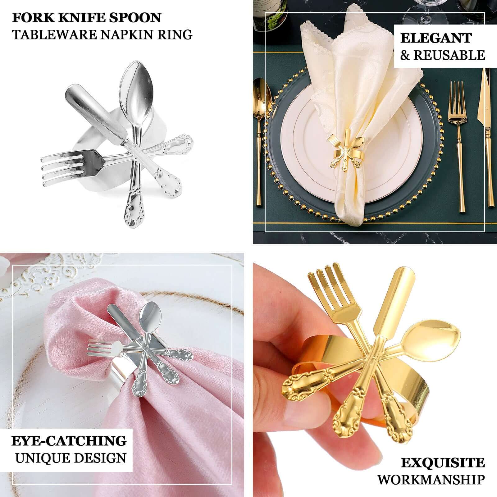 4 Pack Silver Metal Fork Knife Spoon Design Napkin Rings - Utensil Themed Napkin Holders