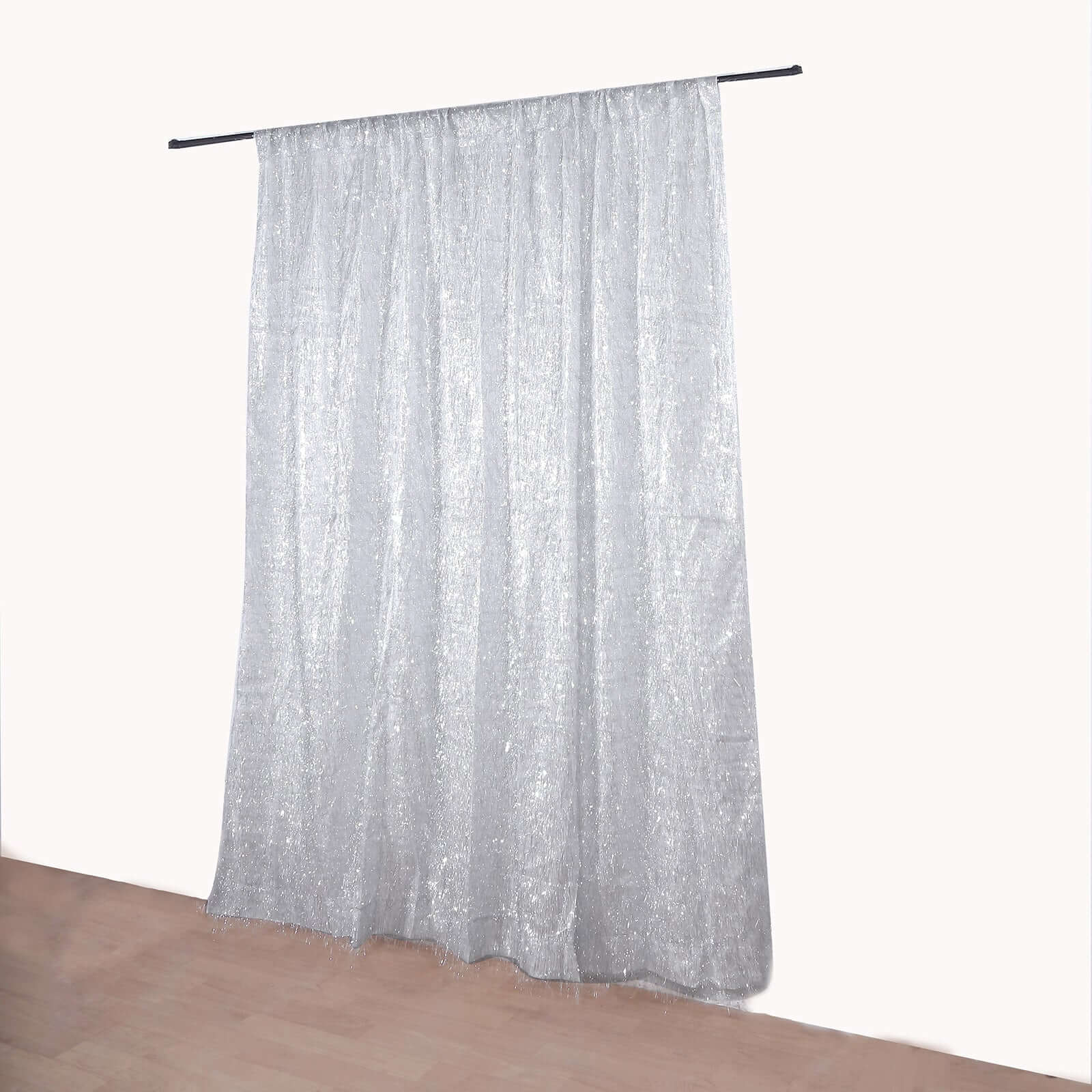 8ft Silver Metallic Fringe Shag Event Drapery Panel, Shimmery Tinsel Polyester Divider Backdrop Curtain
