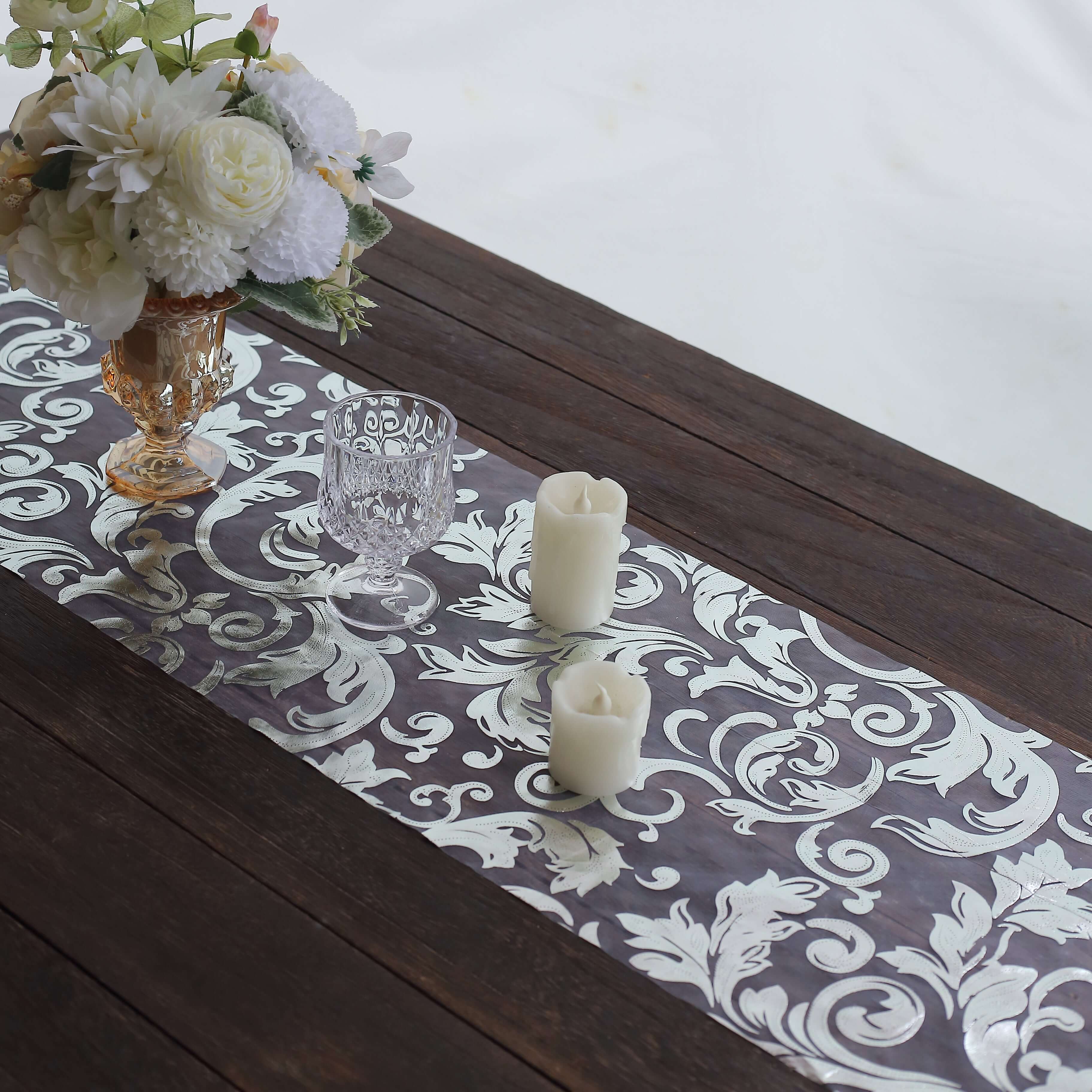 Sheer Organza 12"x108" Table Runner Roll Metallic Silver Foil Floral Swirl Design - Disposable Stylish Event Decoration