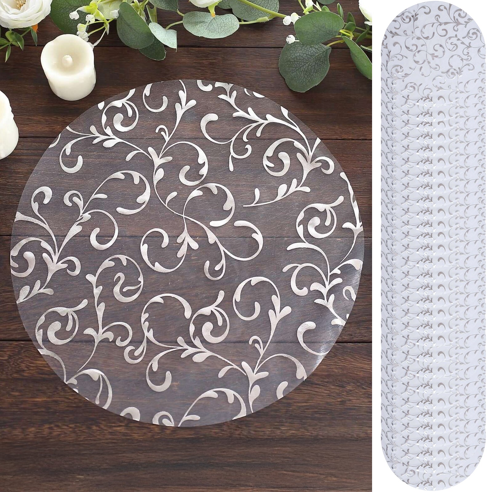 50-Pack Table Placemats Embossed Foil Flower Design Metallic Silver Round - Sheer Organza Disposable Mats 13"
