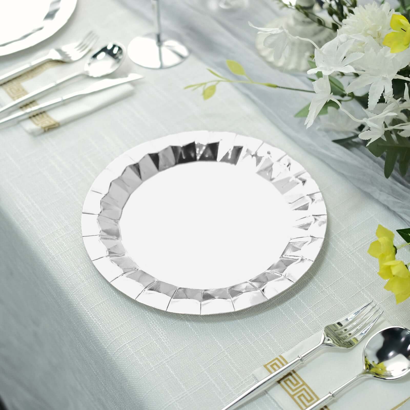 25-Pack Paper 9" Round Dinner Plates in Metallic Silver with Geometric Prism Rim - Disposable 400GSM Party Plates