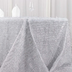 Polyester 90"x156" Rectangle Tablecloth Silver Metallic Fringe Shag Tinsel Table Cover