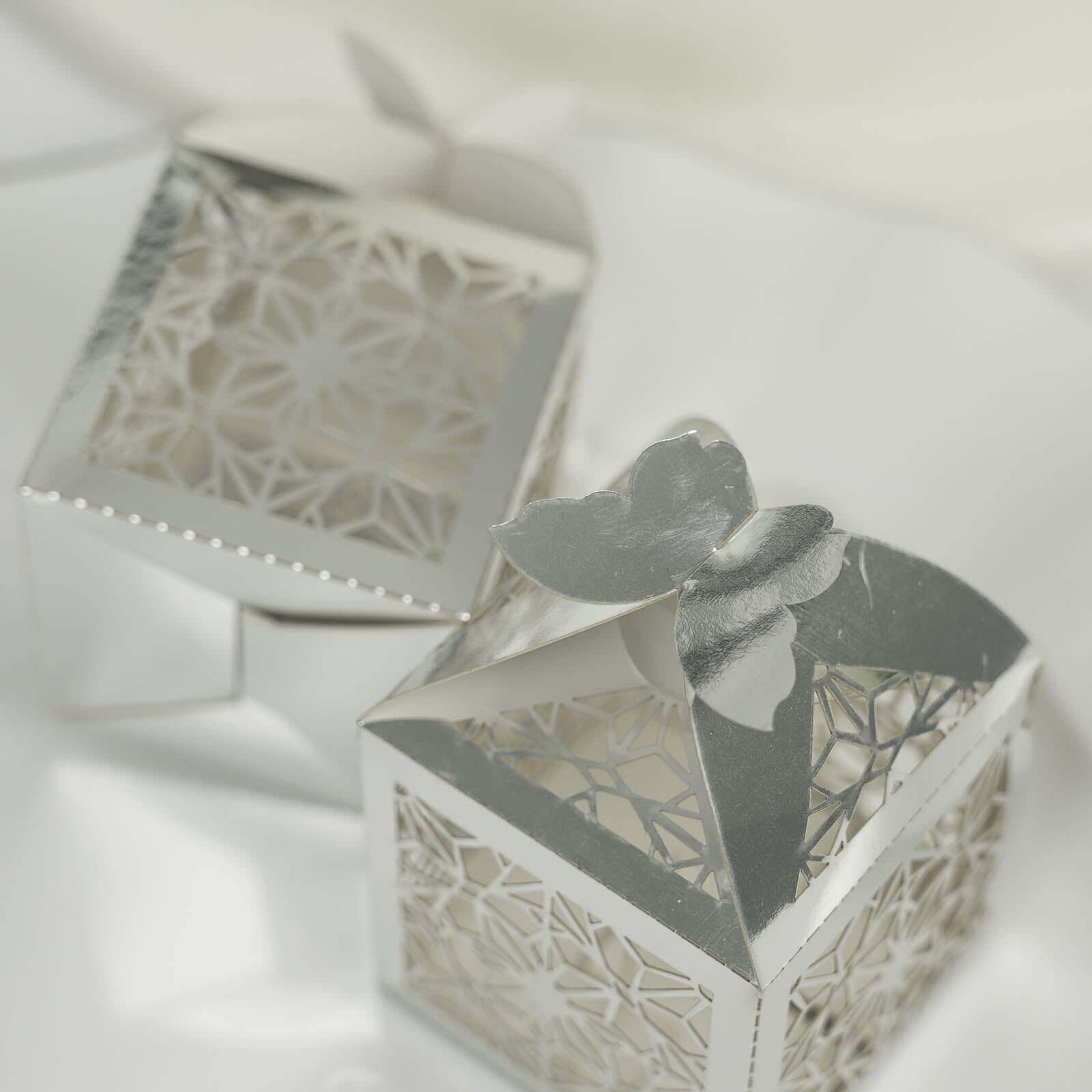 25 Pack Silver Butterfly Top Laser Cut Lace Favor Candy Gift Boxes