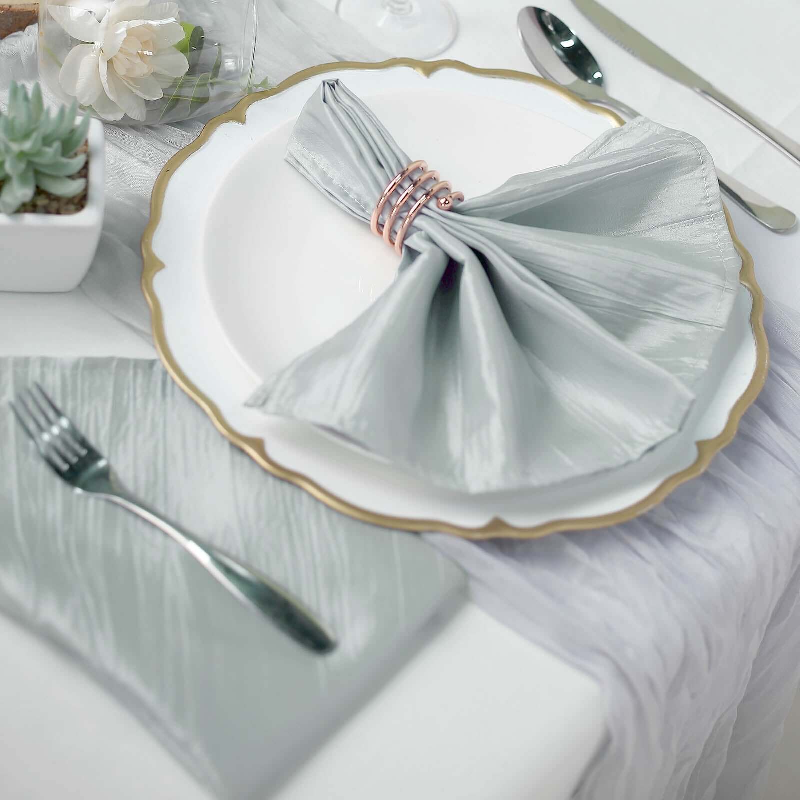 5 Pack Taffeta 20"x20" Napkins Silver - Accordion Crinkle Dinner Napkins