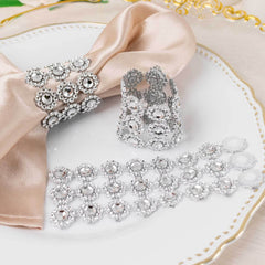 10 Pack Silver Sunflower Diamond Rhinestones Napkin Holders With Velcro, Elegant Wedding Napkin Rings