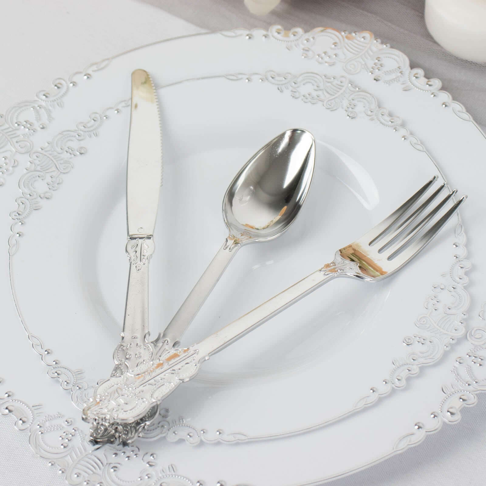 24 Pcs Plastic Silverware Set in Baroque Style Metallic Silver - Heavy Duty Disposable Knife, Fork, and Spoon Set